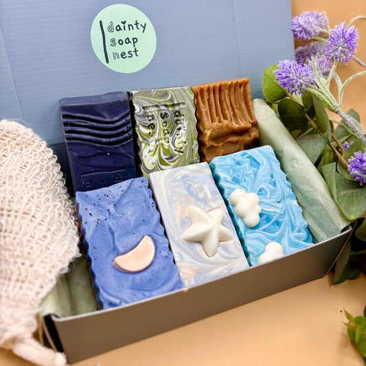 Gift Box of various natural soaps with decorative elements, including a plant, on a light blue background.